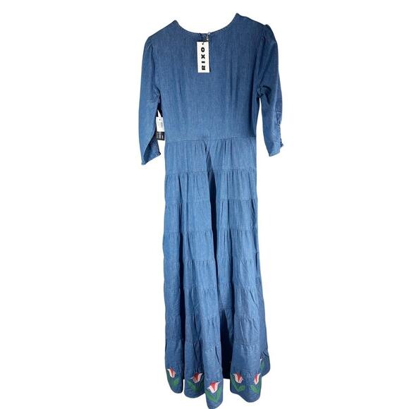 RIXO Kristen Tiered Embroidered Chambray Denim Maxi Dress Size US 6 - Picture 2 of 14